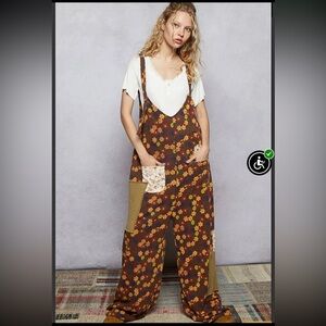 Pol Brown Floral Patchwork Overalls